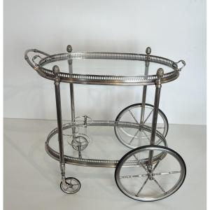 Neoclassical Style Oval Silvered Brass Drinks Trolley With Removable Trays. French Work 