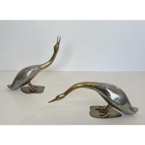 Set Of 2 Silvered And Brass Ducks. French Work. Circa 1970