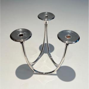 Design Silvered Metal Candlestick With 3 Candles. French Work. Circa 1970