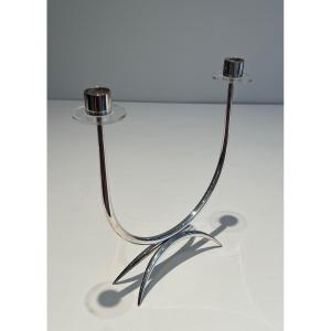 Design Silvered Metal And Lucite Candles Holder With 2 Candles. French Work. Circa 1970