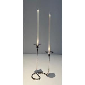 Design Silvered Metal And Lucite Candlestick With 2 Candles. French Work. Circa 1970