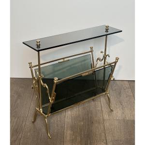 Brass Magazine Rack With Bluish Glass. French Work. Circa 1940