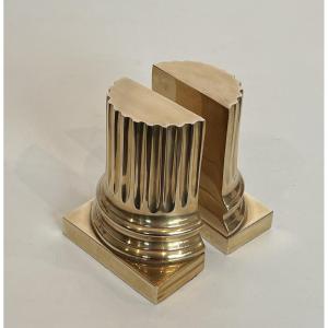 Pair Of Brass Bookends Representing Columns. French Work. Circa 1980