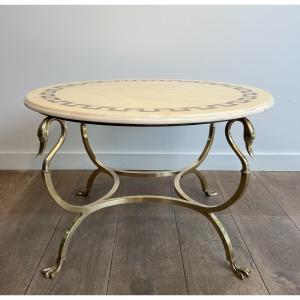 Neoclassical Style Round Brass Coffee Table With Swan Heads And Feet With A White Marble