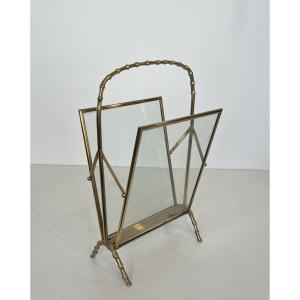 Brass Faux-bamboo Magazine Rack With Clear Glass Panels On Each Side. French Work 