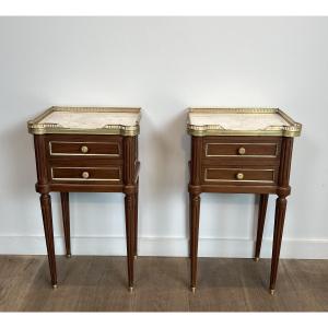 Pair Of Mahogany And Brass Side Tables With Carrara Marble Tops.
