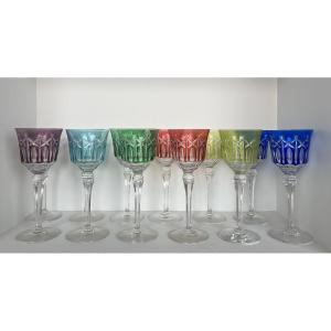 Set Of Twelve Crystal Glasses, Tinted In Different Colors And Cut With Stars. French Work. 