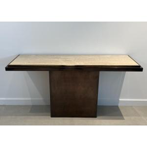 Gun Metal Console With Travertine Top. French Work. Circa 1970
