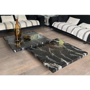 Coffee Table Composed Of Two Designer Faux Marble Tables Resting On Chrome Legs By Willy Rizzo