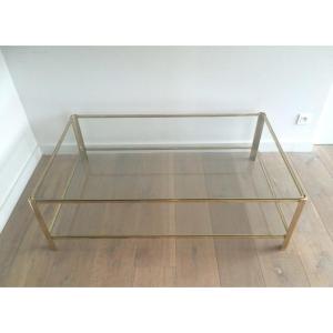 Large Bronze Two Tiers Coffee Table With Glass Shelves Rounded On Corners. French Work 