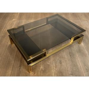 Modernist Brass Coffee Table With Smoked Glass Shelves By Guy Lefèvre For Maison Jansen