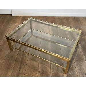 Modernist Brass Coffee Table With Glass Shelves. French Work By Guy Lefèvre For Maison Jansen. 