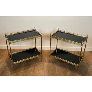 Pair Of Neoclassical Style Brass Side Tables With Black Lacquered Tops By Maison Jansen