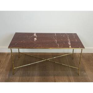 Faux-bamboo Bronze Coffee Table With Red Marble Top By Maison Bagués