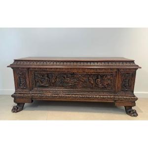 Large Carved Walnut Cassone. Italian Renaissance Period.