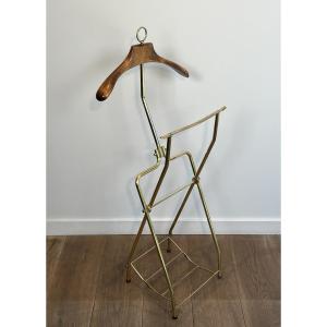 Neoclassical Style Folding Brass And Wood Valet With Tripode Base On Casters. Circa 1940