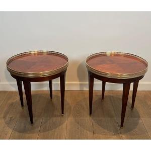 Pair Of Neoclassical Style Bouillotte Tables, Wood And Brass Round Side Tables Or Gueridons