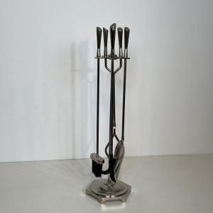 Chrome Design Fireplace Tools On Stand. French Work. Circa 1970