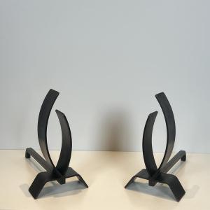 Pair Of Modernist Steel And Iron Andirons. French. Circa 1970