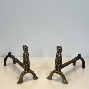 Pair Of Bronze Andirons With Seated Shamans, Monogramed By Anton Prinner