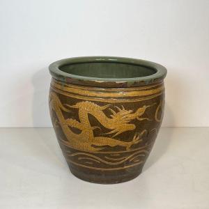 Large Chinese Glazed Terracotta Planter Decorated With Dragons