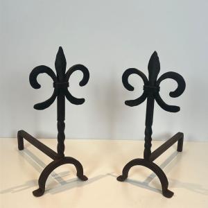 Pair Of Fleurs De Lys Wrought Iron Andirons
