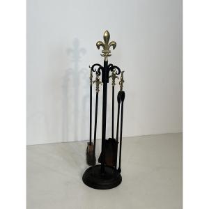 Neoclassical Style Black Lacquered Metal And Brass Fireplace Tools With Lily Flowers. 