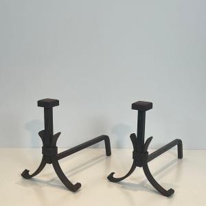 Pair Of Modernist Wrought Iron Andirons