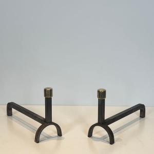 Pair Of Modernist Wrought Iron And Brass Andirons