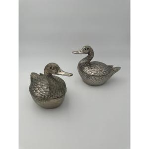 Set Of Two Silvered Metal Ice Bucket Representing A Duck By Mauro Manetti