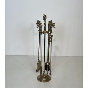 Neoclassical Style Brass Horse Heads Fireplace Tools. French. Circa 1950