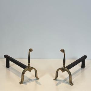 Pair Of Brass Ducks Andirons In The Style Of Maison Jansen