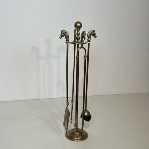 Neoclassical Style Brass Horseheads Fireplace Tools. French. Circa 1950
