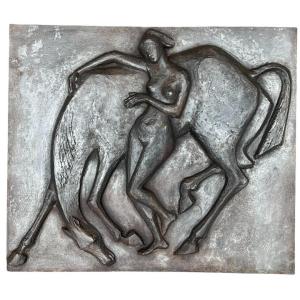 Large Cast Iron Fireback Representing A Nude Woman Caressing Her Horse