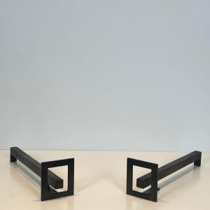 Pair Of Modernist Steen And Wrought Iron Andirons