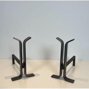Pair Of Modernist Steen And Wrought Iron Andirons