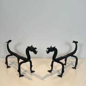 Pair Of Wrought Iron Dragon Andirons