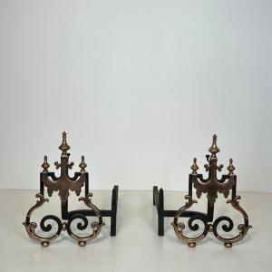 Large Pair Of Wrought Iron And Copper Andirons 