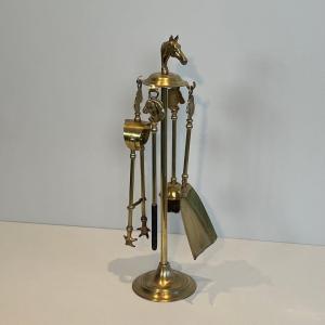 Neoclassical Style Brass Horseheads Fireplace Tools