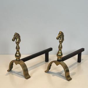 Pair Of Brass Horses Andirons