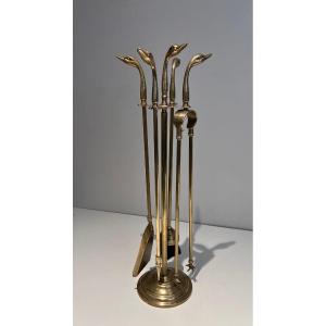 Brass Duck Heads Fireplace Tools In The Style Of Maison Jansen