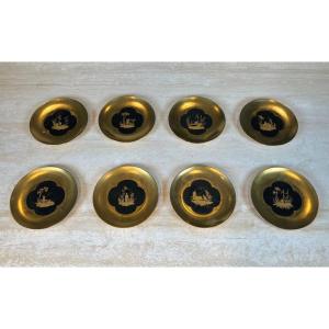 Set Of 8 Gilt Porcelain Plates With Gilt Chinoiserie Decoration On A Black Ground, Signed Delva
