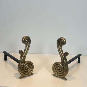 Pair Of Louis The 16th Style Bronze And Wrought Iron Andirons Signed Armor Din