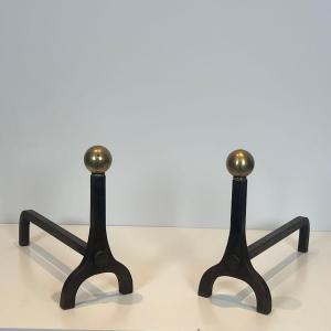 Pair Of Modernist Steel, Iron And Brass Andirons By Jacques Adnet