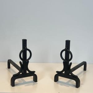 Pair Of Modernist Wrought Iron Andirons In The Style Of Jacques Adnet