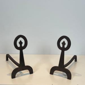 Pair Of Modernist Wrought Iron Andirons. French Work. Circa 1970