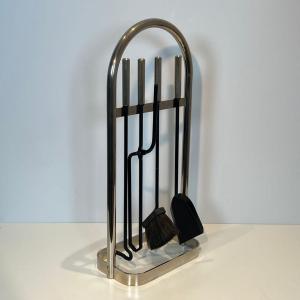 Black Lacquered And Chrome Design Fireplace Tools On Stand