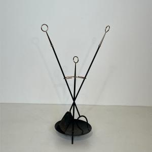 Black Lacquered Metal And Brass Design Fireplace Tools