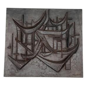 "sailboats" Modernist Cast Iron Fireback, Signed