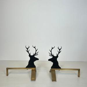 Pair Of Black Lacquered Steel And Brass Deer Andirons